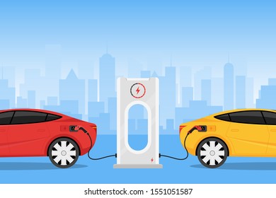 Electric cars charging at the charger station Vector Illustration