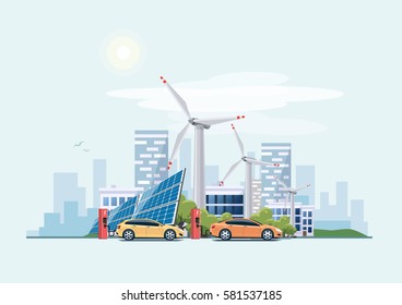 Electric Cars Charging At The Charger Station In Front Of The Solar Panels And Wind Turbines. City Building Skyline In The Blue Background. Eco Green City Theme.