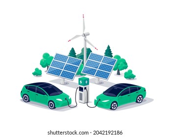 Electric cars charging on parking lot area with fast supercharger station stall. Vehicle on renewable smart solar panel wind power station electricity network grid. Isolated flat vector illustration.