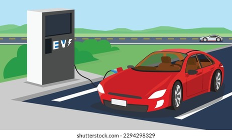 Electric cars charging at provincial stations. Perspective of car. Clear glass to see inside the car. Energy service point. Station beside highway with car on the road.