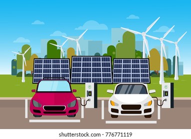 Electric Cars Charging Station Wind Trurbines Stock Vector (Royalty ...