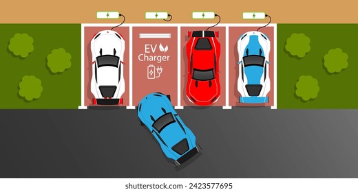 Electric cars at charging stations EV concept public parking Vector illustration