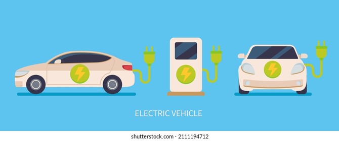 Electric cars in different views, charger station,environmentally friendly electricity.Eco-friendly concept, hybrid vehicles ready for charging.Template design for advertise charging stations.Vector