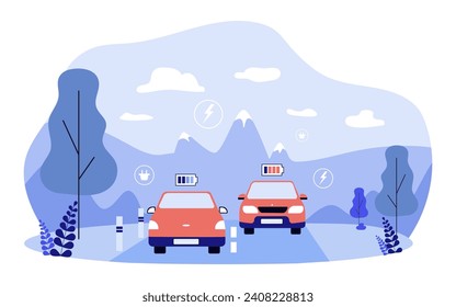 Electric cars driving and charging vector illustration. Electrified road and electric vehicles. Modern technology, electric road system concept