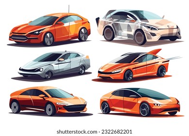 Electric Cars EVs Car isolated and icon set vector art illustration on white background.
