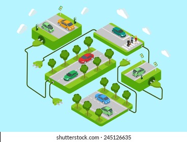 Carros elétricos plana 3d web isométrica alternativa eco verde energia estilo de vida infográfico conceito vector. Plataformas rodoviárias, estações de recarga, conexão do cabo de alimentação. Coleta de consumo de energia ecológica.