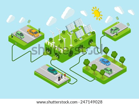 Electric cars flat 3d web isometric alternative eco green energy lifestyle infographic concept vector. Road platforms, sun battery, wind turbine, power cords. Ecology power consumption collection.