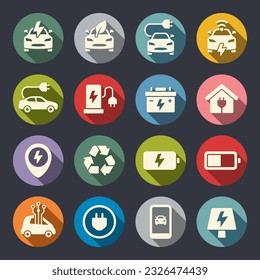 Electric cars flat vector icon set. Electro car charging and service icons.