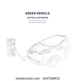 Electric cars or green vehicles concept. Polygonal digital technology innovation vector illustration. Isolated abstract car and electric charging station on white background. Polygons, particles, dots