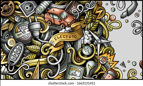 Electric cars hand drawn doodle banner. Cartoon detailed flyer. Automotive identity with objects and symbols. Color vector design elements background