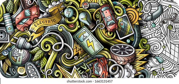 Electric cars hand drawn doodle banner. Cartoon detailed flyer. Automotive identity with objects and symbols. Color vector design elements background