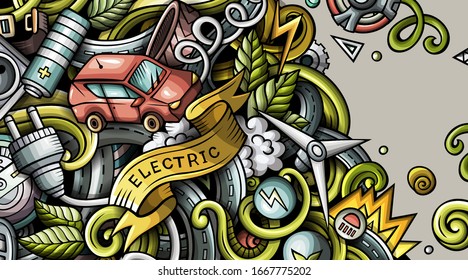 Electric cars hand drawn doodle banner. Cartoon detailed flyer. Automotive identity with objects and symbols. Color vector design elements background