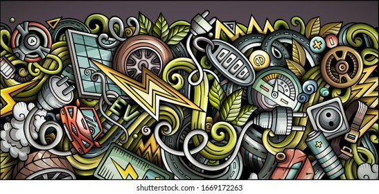 Pancarta de doodle dibujada a mano por camiones eléctricos. Folleto detallado. Identidad automotriz con objetos y símbolos. Fondo de los elementos de diseño del vector de color