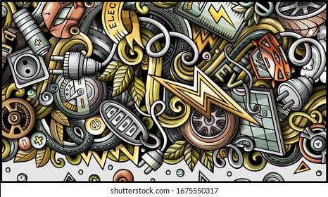Electric cars hand drawn doodle banner. Cartoon detailed flyer. Automotive identity with objects and symbols. Color vector design elements background