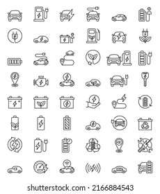 Electric cars hybrid battery line icons.