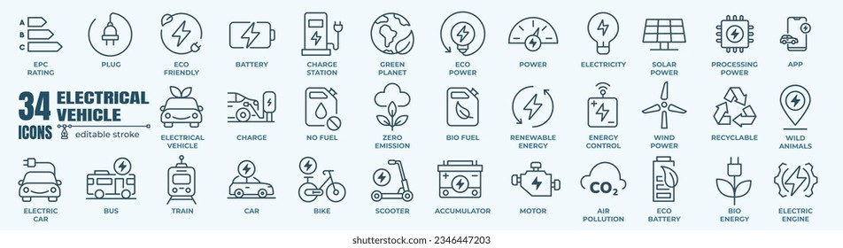 Iconos de coches eléctricos. Como la estación de energía, la carga rápida, el estacionamiento, el enchufe, la carga del coche y la batería y otros. trazo vectorial editable