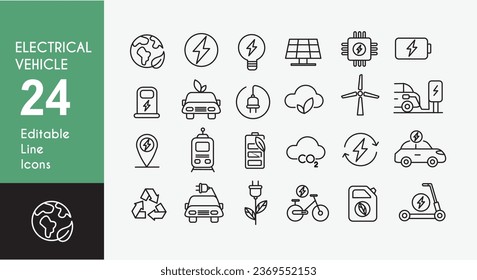 Electric cars icons set. Such as power station, fast charging, parking, socket, car and battery charge and others. editable vector stroke