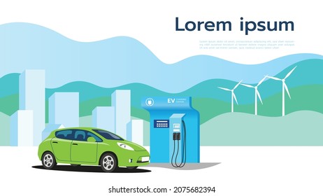 Electric cars parked to charge batteries at stations, clean energy for the future, illustrator design and isolated background.