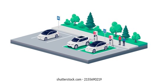 Electric cars perpendicular parking charging on city street road sideway. Dedicated spot and person standing talking near vehicle. Charger stations parking lot. Vector illustration on white background