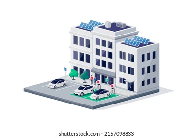 Electric cars perpendicular parking charging on dedicated spot in city street centre road sideway near office residential buildings. Persons standing near vehicles on sidewalk by charger stations lot.