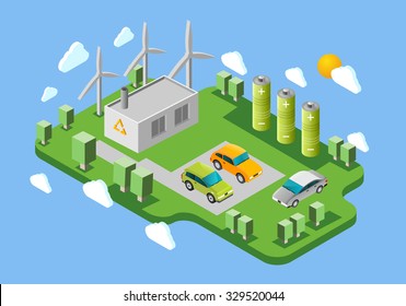 Electric cars public charging station isometric banner with green energy facilities and battery swaps abstract vector illustration