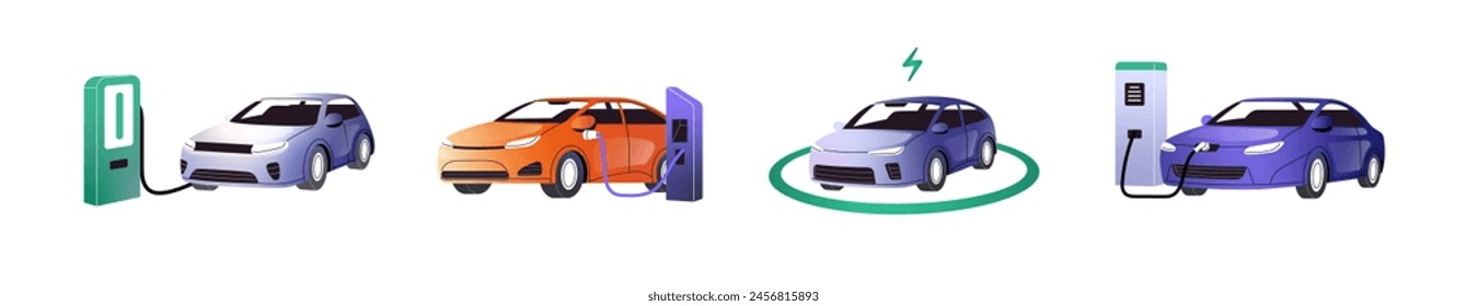 Elektroautos Ladegerät. Autos parken auf Ladestationen. Fahrzeuge mit nachhaltiger Energie tanken am Autoladegerät. Umweltfreundlicher Verkehr. Flache isolierte Vektorillustrationen auf weißem Hintergrund