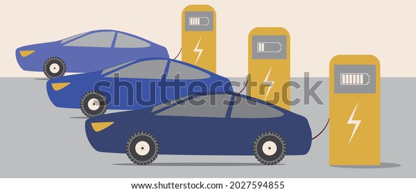 Electric cars at\
the recharging station. Flat vector stock illustration.\
Eco-friendly electromobility. Parking for recharging the battery.\
Modern electromobility. Vector\
graphics