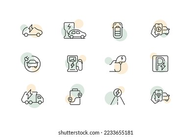 Electric cars set icon. Electricity, charging station, charge, accumulator, battery, lightning, remote control, road traffic, parking, wire, plug, rechargeable, discharged. Technology concept