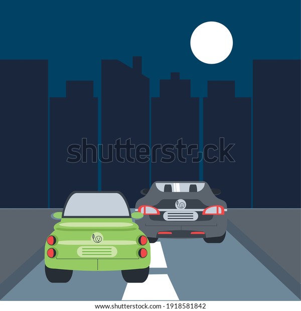 electric cars traffic road street city night\
scene vector\
illustration