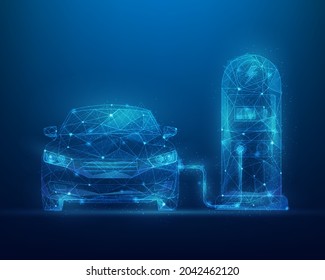 electric cars vehicle charging low poly wireframe. vector illustration in fantastic technology. isolated on blue dark background. consist of lines, dots and triangle.