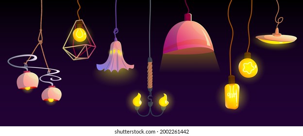 Electric ceiling lamps and light bulbs hanging on wire. Modern and retro style light equipment for home and office interior. Vector set of chandeliers and pendant lanterns with lampshades