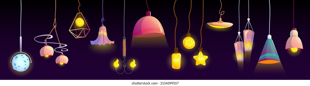 Electric ceiling lamps and light bulbs with different shades. Vector cartoon set of light equipment for home and office interior, chandeliers and pendant lanterns with lampshades hanging on wire