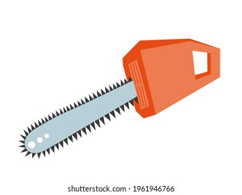 Electric Chainsaw Illustration. Vector Power Saw Isolated. Cartoon Chainsaw With Orange Handle. Vector Stock Illustration.