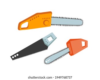 Electric Chainsaw Set Illustration. Vector Power Saw Isolated. Different Kinds Of Chain Saw Set. Cartoon Style Vector Garden Element.