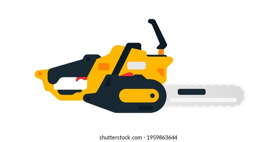 Electric chainsaw side view. Power tools for home, construction and finishing work. Professional worker tool. Vector illustration isolated on white background.
