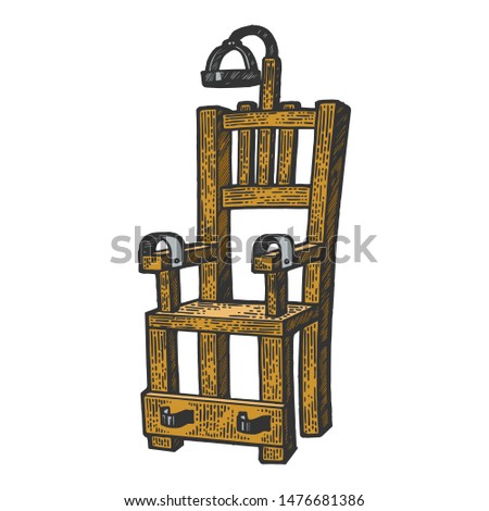 Electric chair execution torture device color sketch engraving vector illustration. Scratch board style imitation. Black and white hand drawn image.