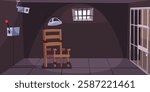 Electric chair in prison cell. Empty capital punishment for death killer and murderer. Jail interior, violation of law. Horizontal background. Cartoon flat style isolated vector concept
