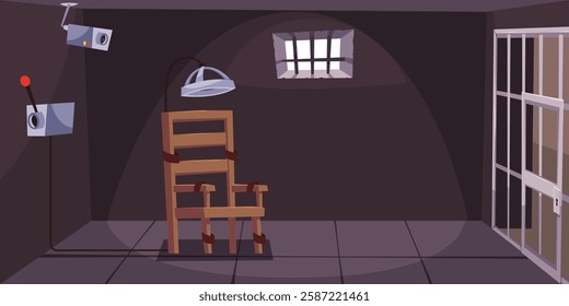 Electric chair in prison cell. Empty capital punishment for death killer and murderer. Jail interior, violation of law. Horizontal background. Cartoon flat style isolated vector concept