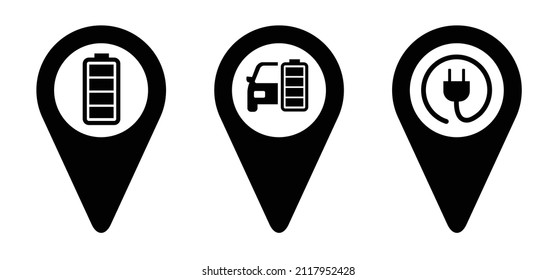 Electric charge charging point area, cable battery e-bike, car station. Charge indicator. Electric power. Parking for plug or unplug. Pinpoint, pin location. Hybrid. charging station.