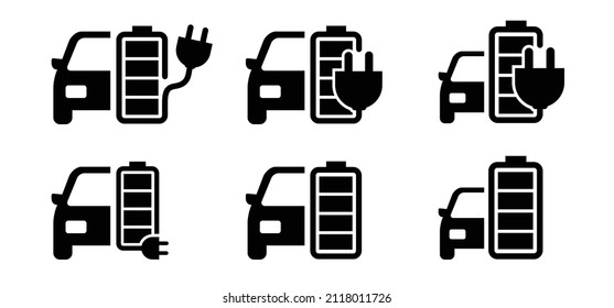 Electric charge charging point area, cable battery e-bike, car station. Charge indicator. Electric power. Parking for plug or unplug. Pinpoint, pin location. Hybrid cars. Energy level, fuel or low.