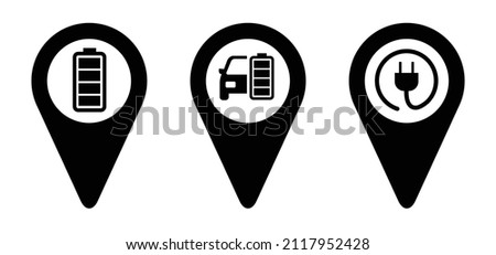 Electric charge charging point area, cable battery e-bike, car station. Charge indicator. Electric power. Parking for plug or unplug. Pinpoint, pin location. Hybrid. charging station.