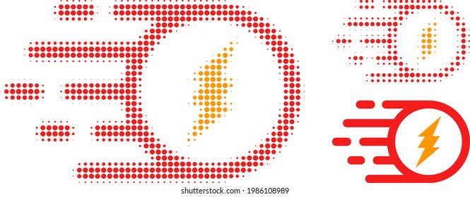 Electric charge halftone dotted icon. Halftone array contains circle elements. Vector illustration of electric charge icon on a white background.