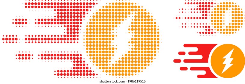 Electric charge halftone dotted icon. Halftone array contains round dots. Vector illustration of electric charge icon on a white background.