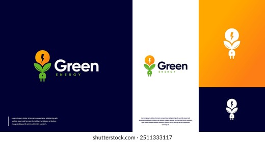 Electric charge leaf and light bulb logo, renewable energy symbol, energy innovation, vector design template.