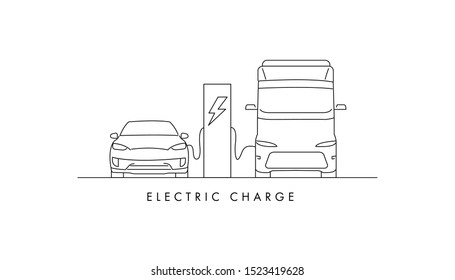 electric charge station with electric car and van charging from the station, linear illustration