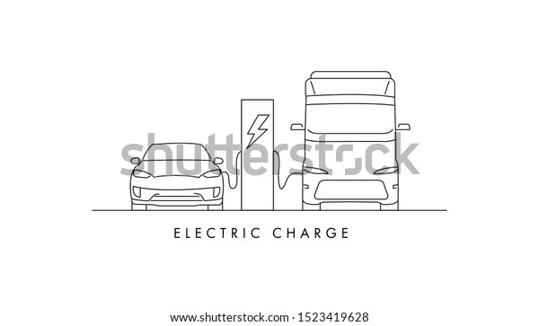 electric charge station with electric\
car and van charging from the station, linear\
illustration