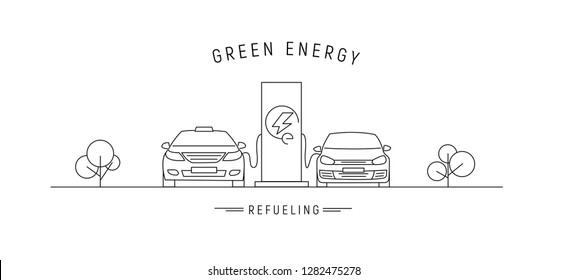 electric charge station with electric cars, linear illustration with green energy text