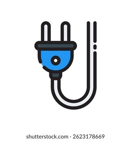 Electric Charge Vector for Power Flow and Energy Supply. Lightning bolt and wire illustration. Electricity concept for devices and vehicles. Filled Line Icon