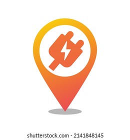 Electric charger pointer sign. Electric plug and map pointer logo