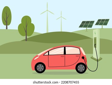 Electric charging car. Renewable energy wind turbines and solar panels. Vector illustration.